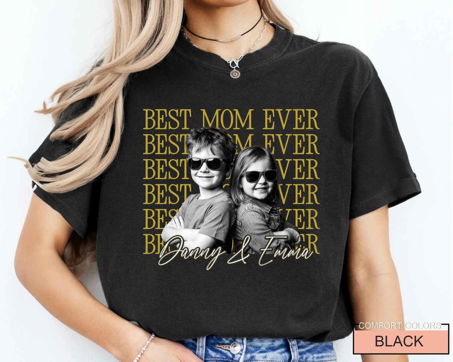 Personalized Best Mom Ever Shirt with Photo, Vintage Style Kids Portrait Tee for Mother Birthday