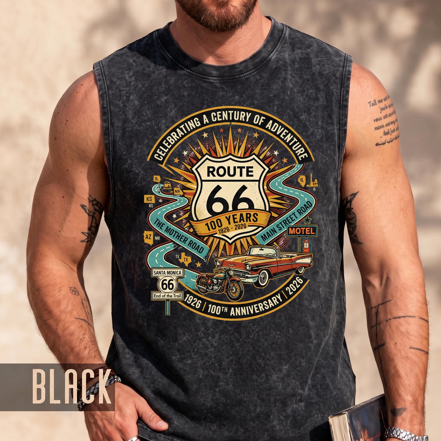 Vintage Route 66 100th Anniversary Tank Top, Retro Celebrating A Century Of Adventure, Historic Mother Road Car Motorcycle